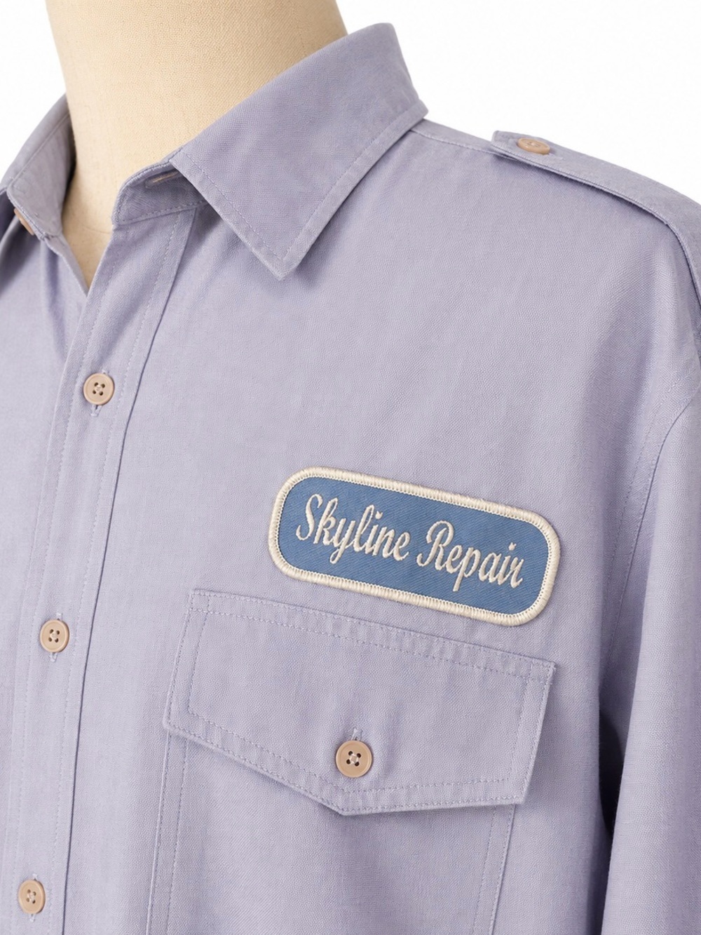 Vintage Men's Light Blue "Skyline Repair" Work Shirt w epaulets. L